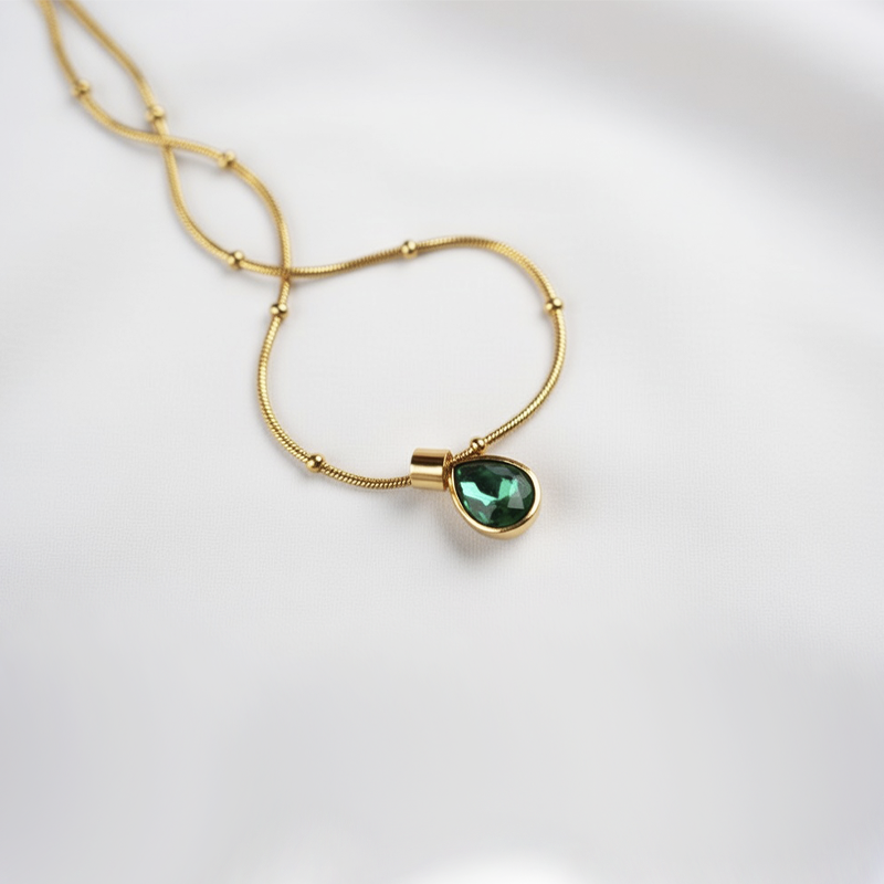 Green Emerald Inspired Teardrop Pendant| Gold-Plated Stainless-Steel Necklace For Girls