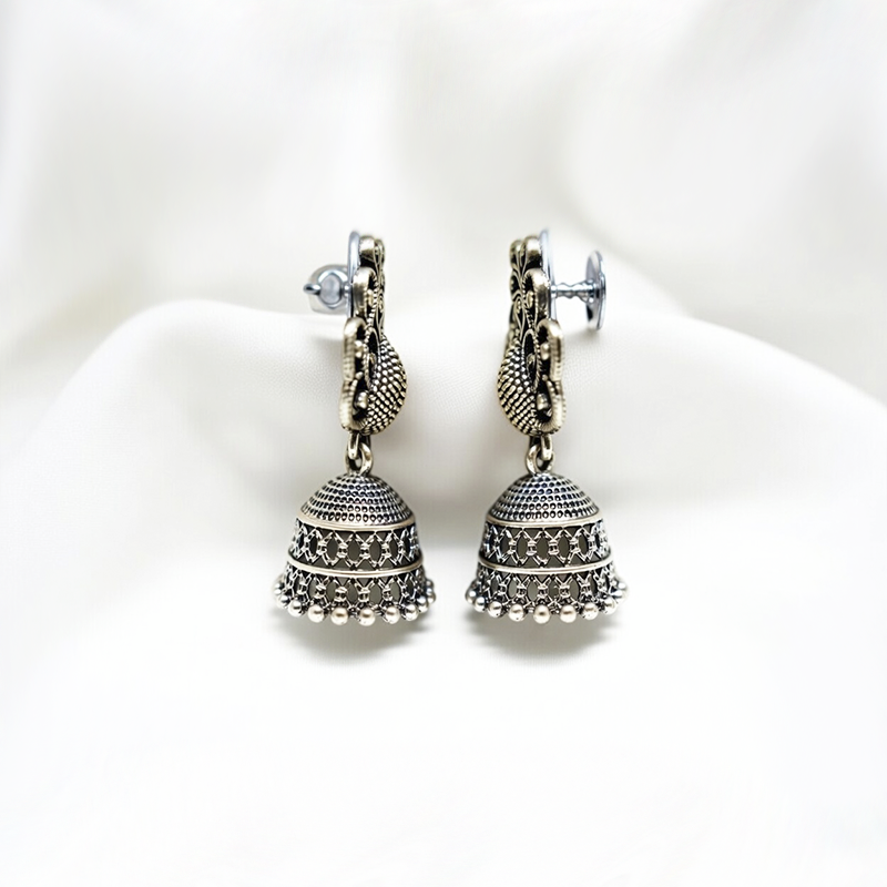 Traditional Oxidized Silver Peacock Motif Jhumka Earrings| Lightweight Earrings For Girls