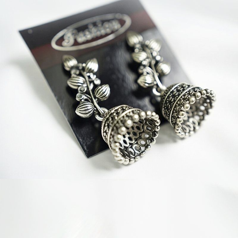 Traditional Oxidized Silver Jhumka Earrings With a Leaf Pattern & Beaded Detailing