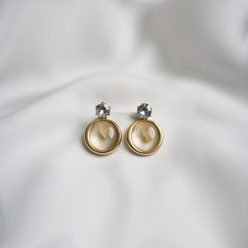 Gold Toned Drop Earrings With a Clear Round Drop & a Crystal Stud For Girls