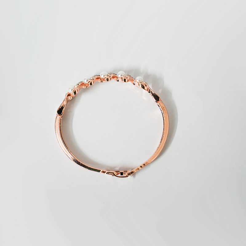Rose Gold Toned Wavy Bangle Bracelet| Lustrous Pearls & Sparkling Clear Crystals| Lightweight Bangle For Women's