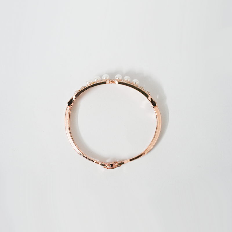 Rose Gold Toned Hinged Bangle Bracelet| Embellished With Lustrous White Pearls & Sparkling Cubic Zirconia| Lightweight Bracelet For Women's & Girls