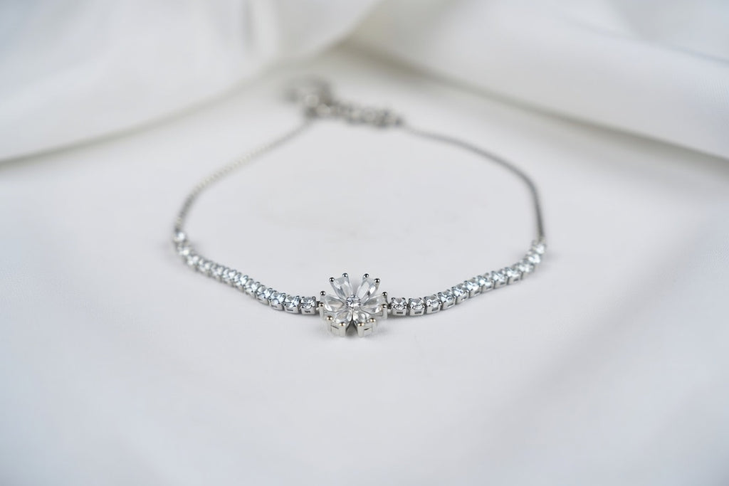 Silver Plated Floral Accent Cubic Zirconia Wraparound Adjustable Bracelet For Women's