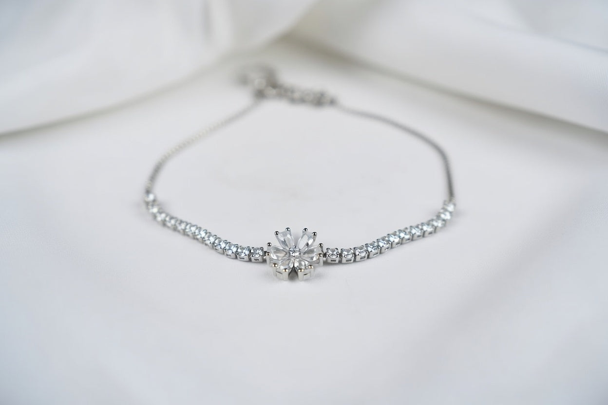 Silver Plated Floral Accent Cubic Zirconia Wraparound Adjustable Bracelet For Women's