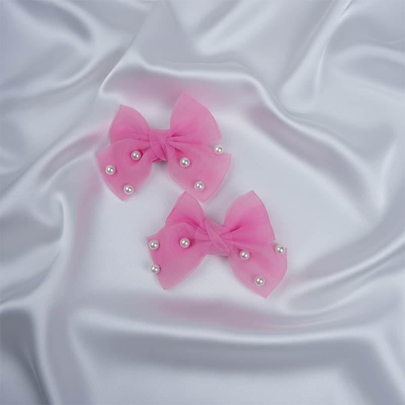 Bow Hair Clip With Embellished With Pearls| Lightweight, Delicate Fabric And Faux Pearls For Kids | Pair Of 2