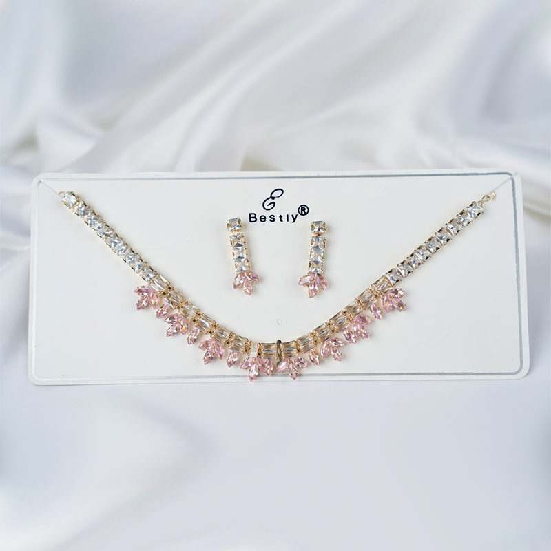 Gold-Toned Clear Stone Leaf Motif Jewellery Set| Floral Pattern Necklace & Matching Earrings For Girls