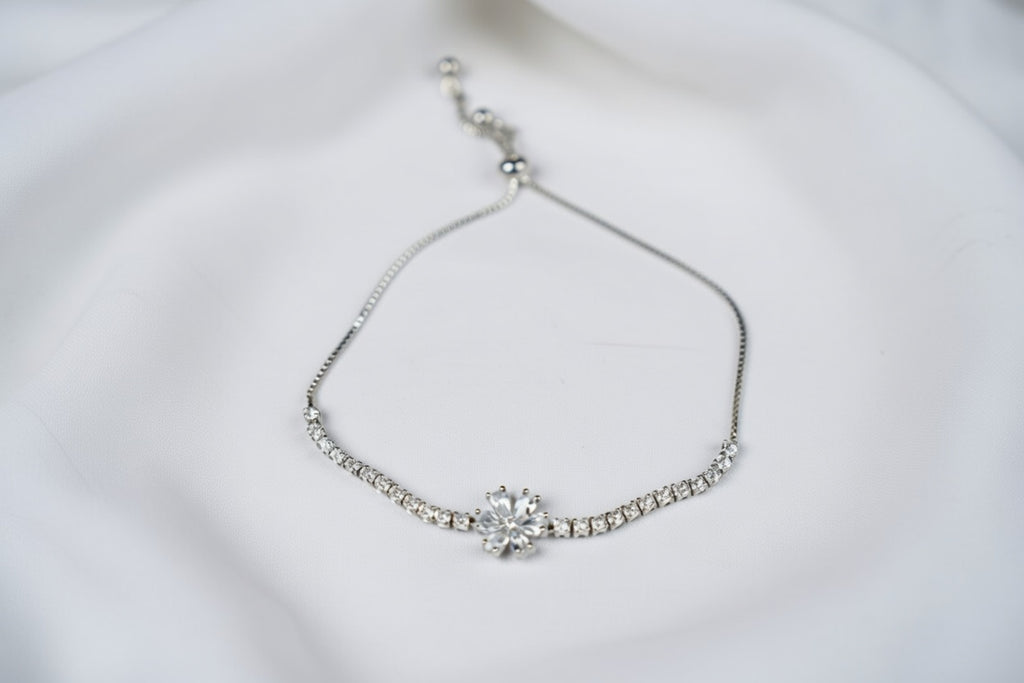 Silver Plated Floral Accent Cubic Zirconia Wraparound Adjustable Bracelet For Women's