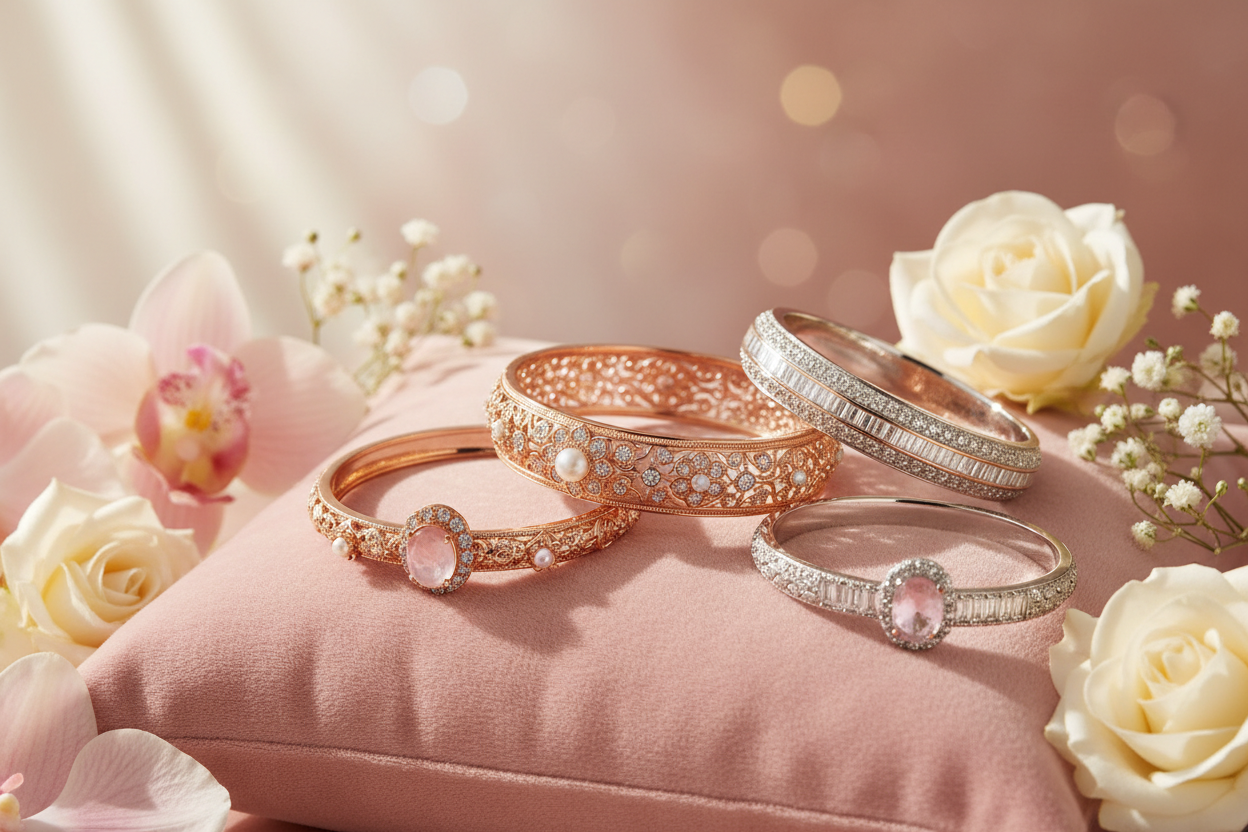 Create a luxurious product photography scene featuring elegant rose gold and silver bangles arranged artistically on soft pink velvet cushion. The bangles should have intricate designs with some featuring gemstones and pearls. Soft natural lighting from side creates gentle shadows. Background is dreamy blurred cream and rose gold gradient. Include delicate flowers like roses or orchids as accent props. High-end fashion editorial style, shallow depth of field, warm color palette with pinks, golds, and whites