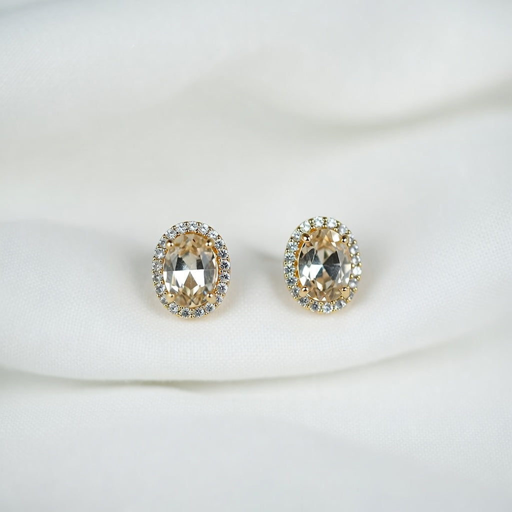 Gold Plated Large Oval Champagne-Colored Stones Choker Style Necklace & Earring Set| Elegant Necklace Set For Girls